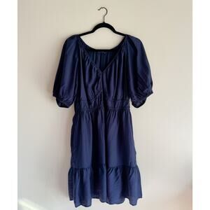 Vineyard Vines Navy Blue Striped V Neck Marina Puff Sleeve Mini Dress XL